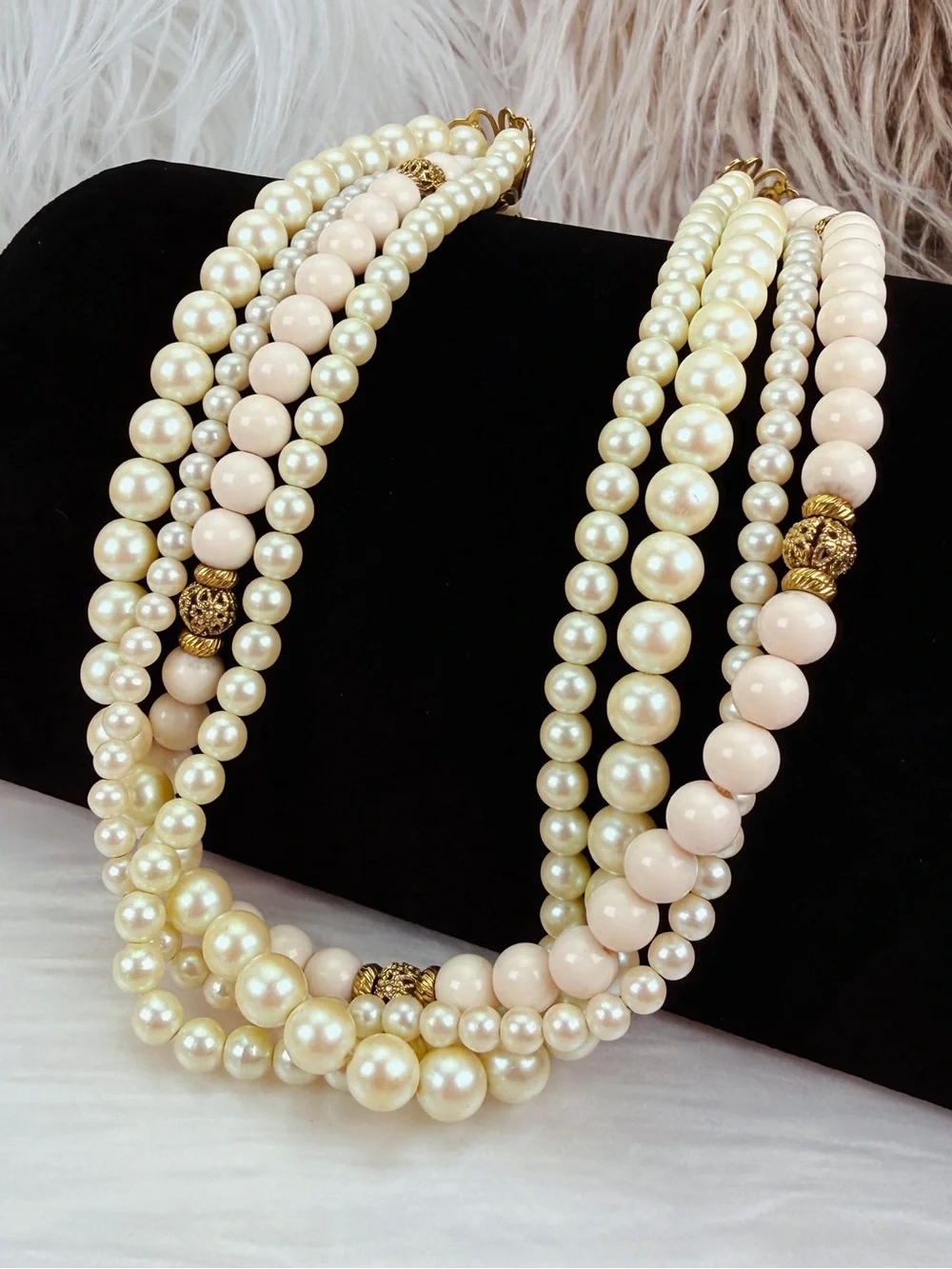 1928 Multi Strand Cream Blush Bead Gold Tone Statement Necklace Vintage